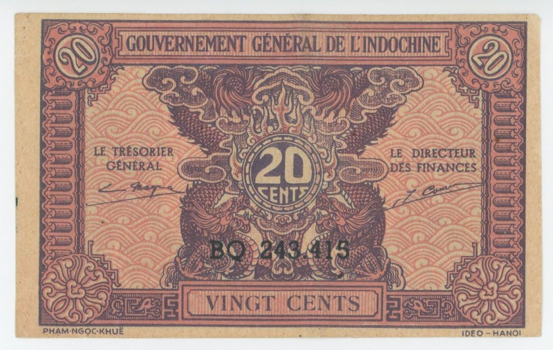 French Indochina 20 Cents 1942 (ND)
P# 90, N# 210339; # BQ 243415; AUNC-