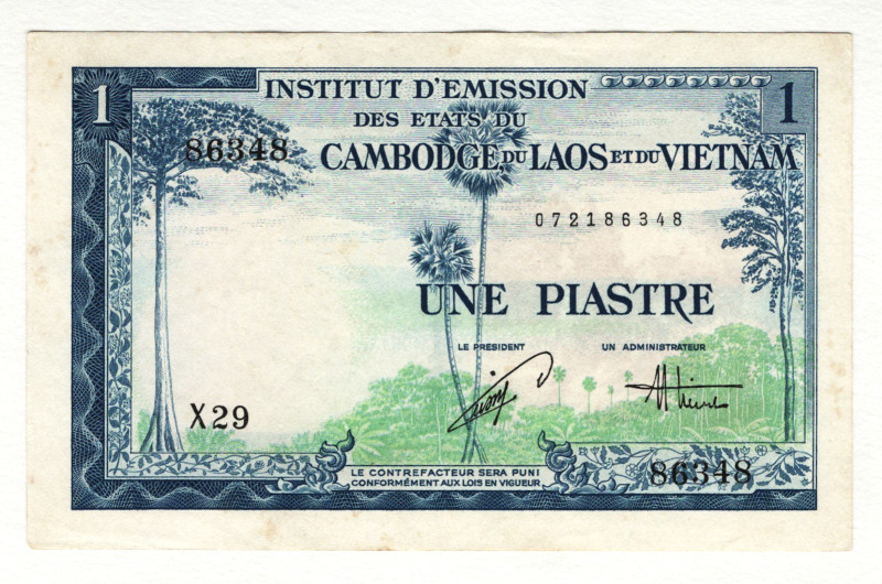 French Indochina 1 Piastre 1954
P# 105, N# 208681; # 072186348; UNC-