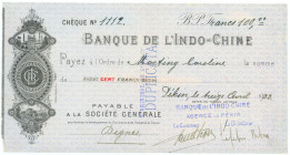 French Indochina Banque de l'Indo-Chine Cheque for 100 Francs Beijing (Peking) Agency 1922
# 708; Payable a Societe General, Paris; AUNC