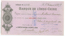 French Indochina Banque de l'Indo-Chine Cheque for 500 Francs Beijing (Peking) Agency 1923
# 1113; Payable a Comptoir National d'Escompte de Paris; A...