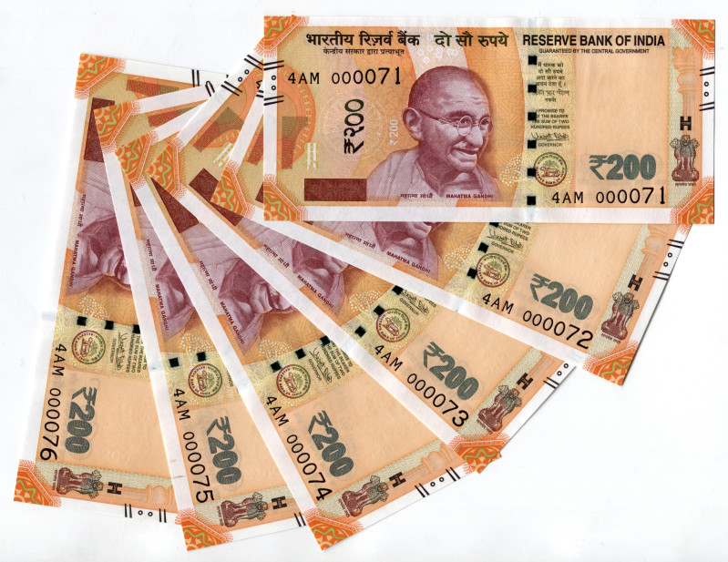 India 6 x 200 Rupees 2017 Low Numbers
P# 113, N# 202288; # 4AM 000071 - 4AM 000...