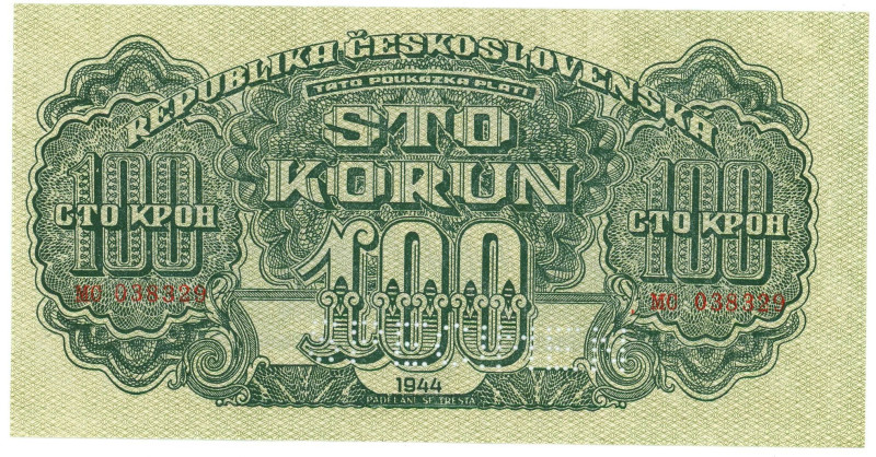 Czechoslovakia 100 Korun 1945 Specimen
P# 48s, N# 226578; # MC 038329; Perforat...