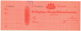 India Hongkong & Shanghai Banking Corporation Calcutta Branch Check 19__
# 244795; Blank check drawn on Calcultta branch of HSBC; rare and scarce