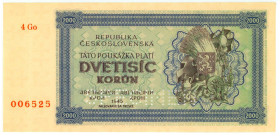 Czechoslovakia 2000 Korun 1945 Specimen
P# 50A, N# 285792; # 4Go 006525; Perforated SPECIMEN; XF+