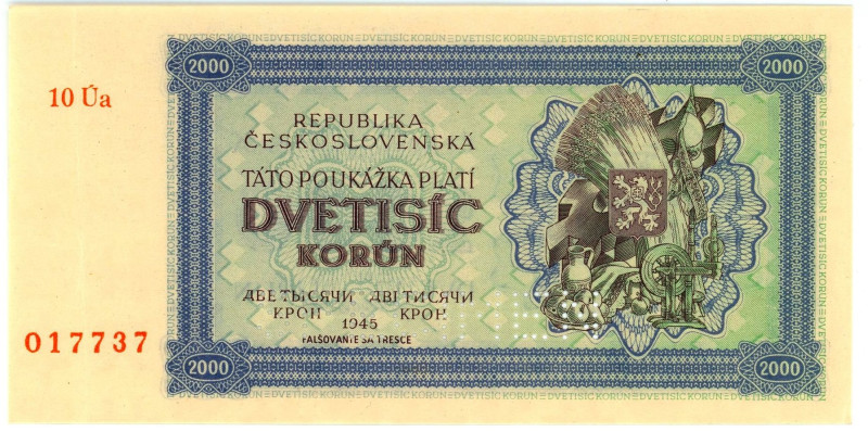 Czechoslovakia 2000 Korun 1945 Specimen
P# 50A, N# 285792; # 10Ua 017737; Perfo...