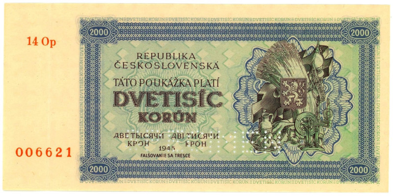 Czechoslovakia 2000 Korun 1945 Specimen
P# 50A, N# 285792; # 14Op 006621; Perfo...