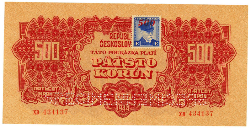 Czechoslovakia 500 Korun 1944 (1945) Specimen
P# 55s, N# 285789; # XB 434137; S...