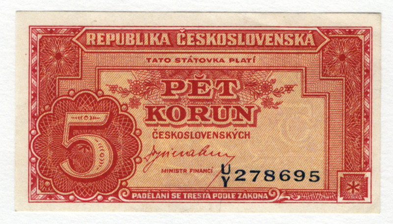 Czechoslovakia 5 Korun 1945 (ND)
P# 59a, N# 207316; # U/Y 278695; UNC