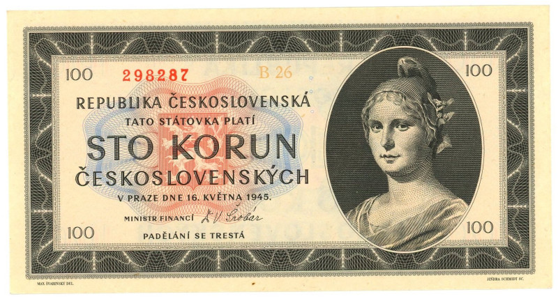 Czechoslovakia 100 Korun 1945 Specimen
P# 67s, N# 207320; # B26 298287; Perfora...