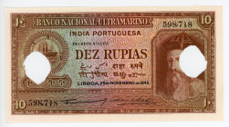 Portuguese India 10 Rupias 1945 Cancelled Note
P# 36, N# 215921; # 598718; UNC