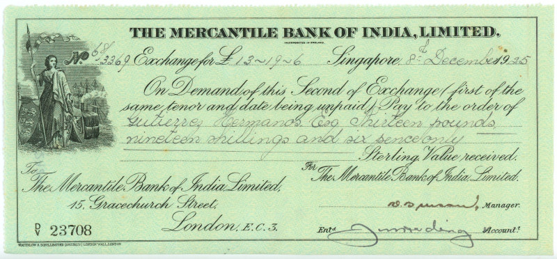 Singapore Mercantile Bank of India Bill of Exchange for £166.9.5 1925
# 23708; ...