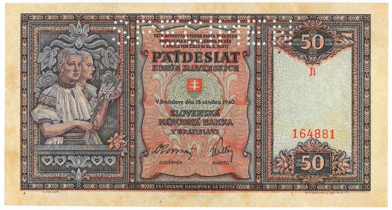 Slovakia 50 Korun 1940 Specimen
P# 9s, N# 213101; # Ji 164881; AUNC