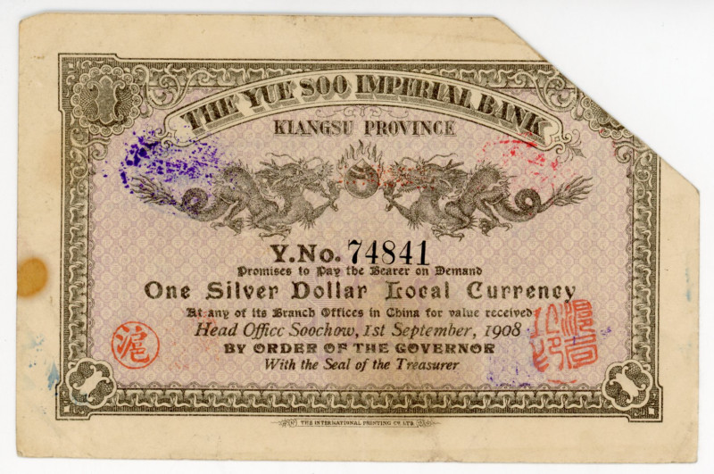 China Yue Soo Imperial Bank 1 Dollar 1908
P# S1232, # 74841; VF-XF