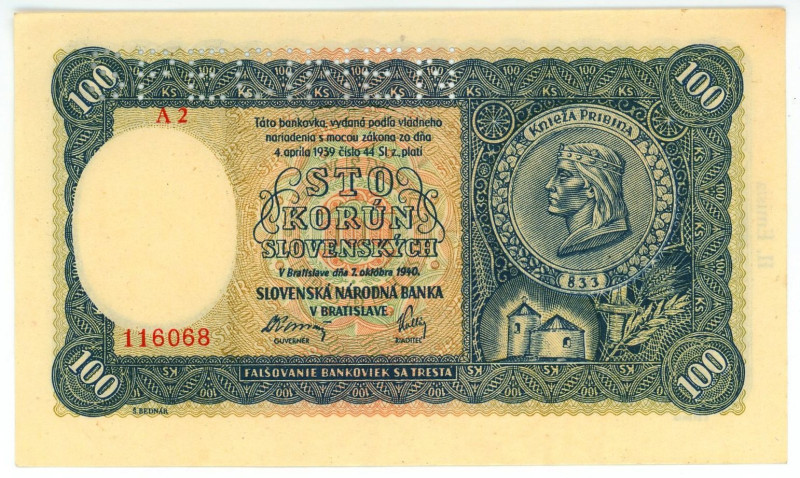 Slovakia 100 Korun 1940 Specimen
P# 11s, N# 224459; # A2 116068; AUNC-