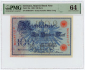 Germany - Empire 100 Mark 1908 PMG 64
P# 33a, N# 202144; # 0488737N