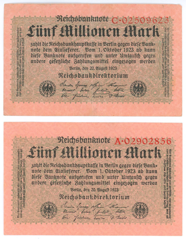 Germany - Weimar Republic 2 x 5000000 Mark 1923
P# 105, N# 203349; VF+/AUNC