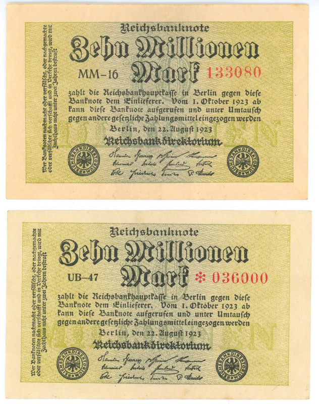 Germany - Weimar Republic 2 x 10000000 Mark 1923
P# 106, N# 206176; XF+