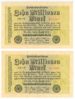 Germany - Weimar Republic 2 x 10000000 Mark 1923 With Consecutive Numbers
P# 106a, N# 202231; # PR-9 095564 - PR-9 095565; UNC