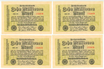 Germany - Weimar Republic 4 x 10000000 Mark 1923 With Consecutive Numbers
P# 106a, N# 202231; # RH-36 132606 - RH36 132609; AUNC/UNC