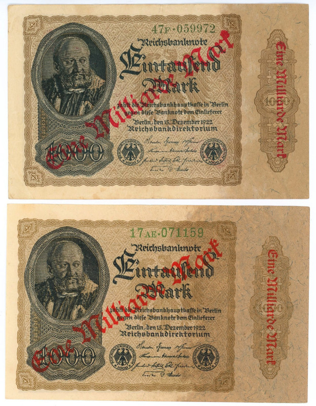 Germany - Weimar Republic 2 x 1000000000 Mark 1923 (ND)
P# 113, N# 203966; XF/A...