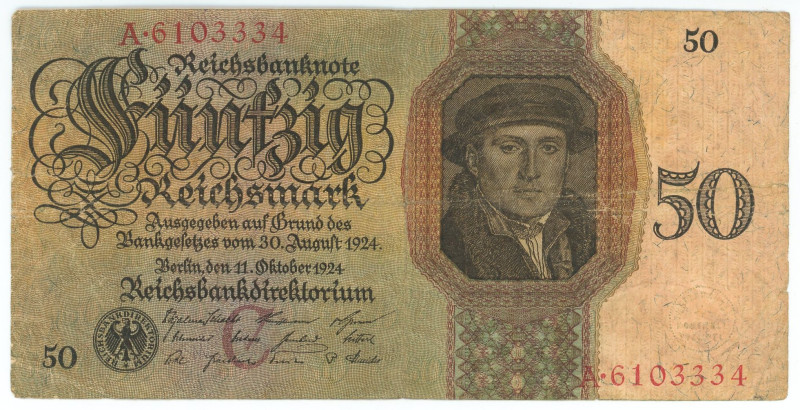 Germany - Weimar Republic 50 Reichsmark 1924
P# 177, N# 208947; # A-6103334; VF