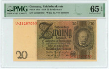 Germany - Weimar Republic 20 Reichsmark 1929 PMG 65 EPQ
P# 181a, N# 204645; # U21287033