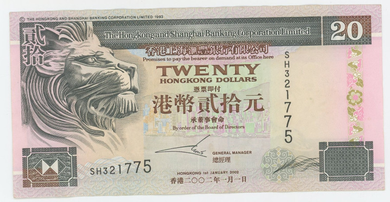 Hong Kong The Hong Kong & Shanghai Banking Corporation 20 Dollars 2002
P# 201d,...