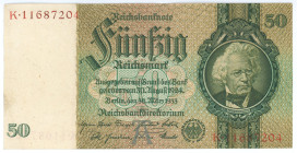 Germany - Weimar Republic 50 Reichsmark 1933
P# 182a, N# 203641; # K-11687204; Underprint letter A; UNC-