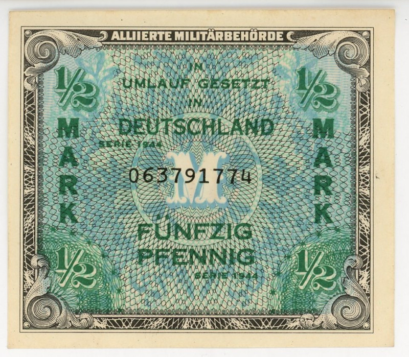 Germany - Third Reich 1/2 Mark 1944
P# 191, # 063791774; UNC