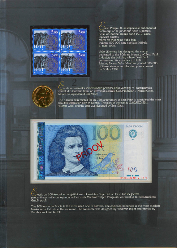 Estonia 100 Krooni 1999 Proov Jubilee Edition 
P# 82s, N# 210046; Jubilee editi...