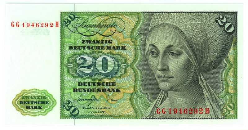 Germany - FRG 20 Deutsche Mark 1977
P# 32b, N# 208988; # GG1946292H; UNC