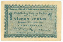 Lithuania 1 Centas 1922
P# 1, N# 233559; XF-
