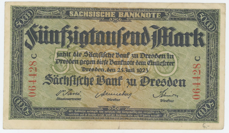 German States Saxony Dresden 50000 Mark 1923
P# S959, N# 209366; # C 064428; VF