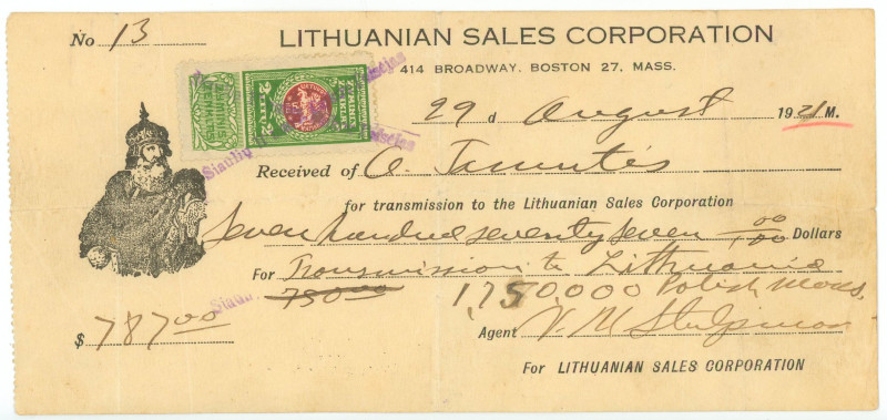 Lithuania Sales Corporation Check 787 Dollars 1921
# 13; VF-XF