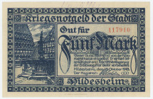Germany - Empire Hildesheim 5 Mark 1918 Cancelled
# 117910; Stamp UNGULTING; AUNC+