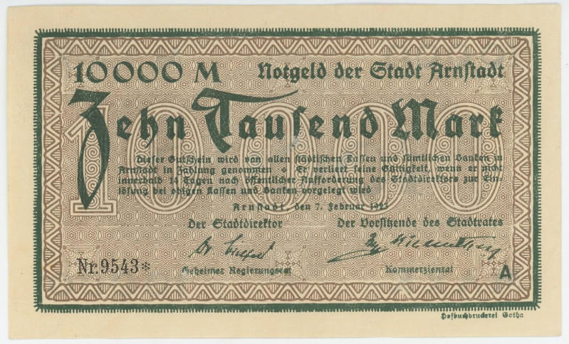 Germany - Weimar Republic Arnstadt 10000 Mark 1923
# A 9543; AUNC