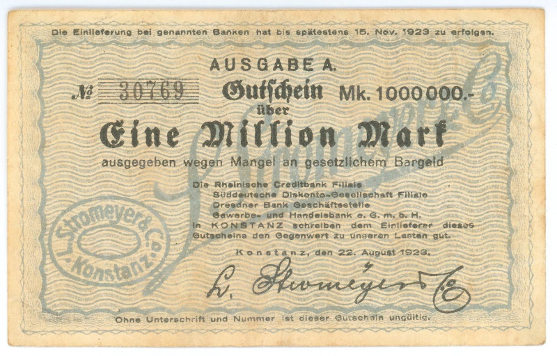 Germany - Weimar Republic Konstanz 1000000 Mark 1923
# 30769; VF