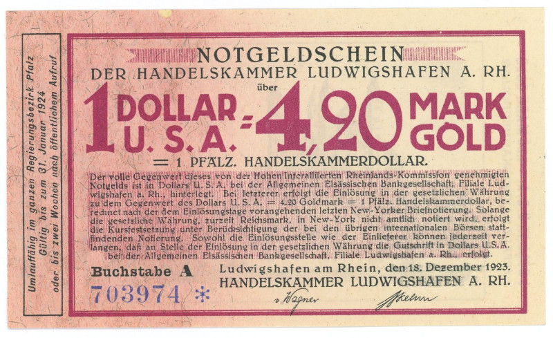 Germany - Weimar Republic Ludwigshafen am Rhein 1 Dollar / 4,20 Mark Gold 1923
...