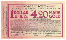 Germany - Weimar Republic Ludwigshafen am Rhein 1 Dollar / 4,20 Mark Gold 1923
# A 703974; Müller # 3080; UNC