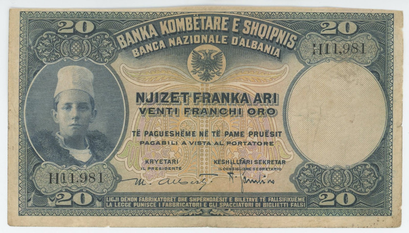 Albania 20 Franka Ari 1926 (ND)
P# 3a, N# 222378; # H11981; VF