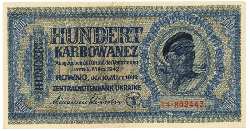 Ukraine 100 Karbovantsev 1942 German Occupation
P# 55, DK # 51; 14.862443; UNC