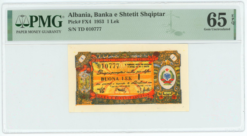 Albania 1 Buona Lek 1953 PMG 65 EPQ
P# FX4, # TD 010777; Foreign exchange certi...