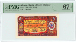 Albania 10 Buona Lek 1953 PMG 67 EPQ
P# FX6, # TA 024817; Foreign exchange certificates