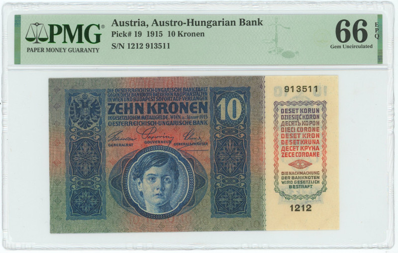 Austria 10 Kronen 1915 PMG 66 EPQ
P# 19, N# 217458; # 1212 913511