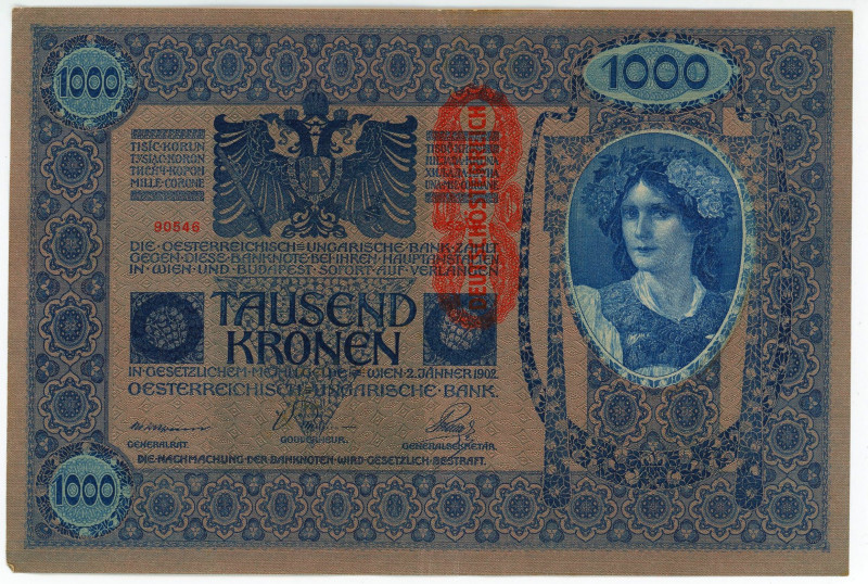 Austria 1000 Kronen 1919
P# 59, N# 206950; # 1644 90546; Overstamp "Deustschost...