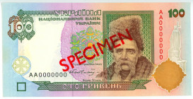 Ukraine 100 Hryven 1996 (ND) Specimen
P# 114s, # AA 0000000; UNC
