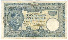 Belgium 100 Francs / 20 Belgas 1927
P# 102, N# 208669; # 160 M 211; VF-