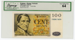 Belgium 100 Francs 1956 LCG 64
P# 129b, N# 207624; # 7328.P.079; UNC