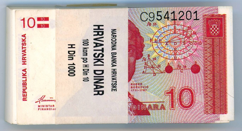 Croatia 100 x 10 Dinara 1991 Bundle
P# 18a, N# 202804; # C9541201 - C9541300; U...