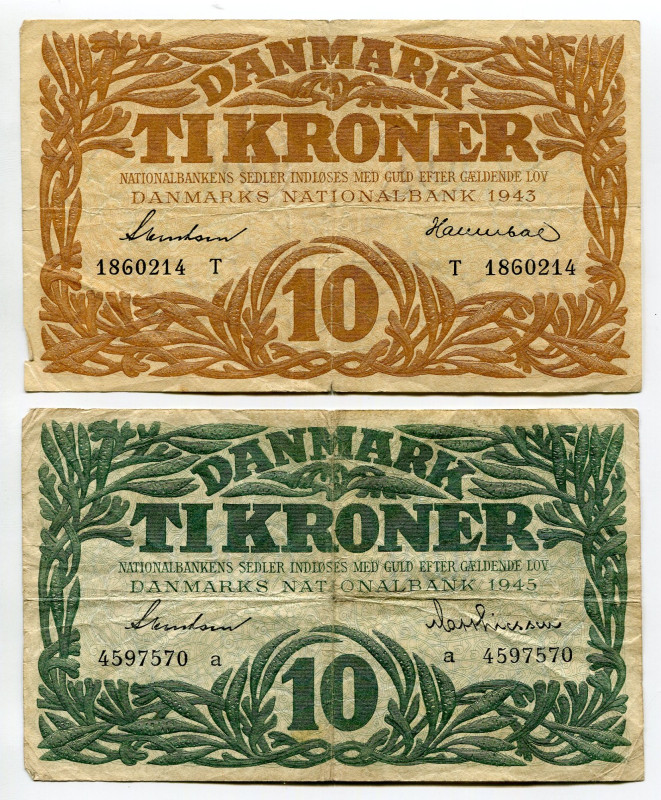 Denmark 2 x 10 Kroner 1943 - 1945
P# 31n & 37a, N# 207044, 221307; # T 6493300,...